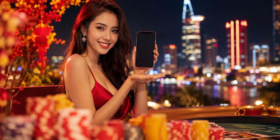 Người dùng tại TP.HCM trải nghiệm casino trực tuyến ban đêm trên điện thoại dưới ánh đèn neon